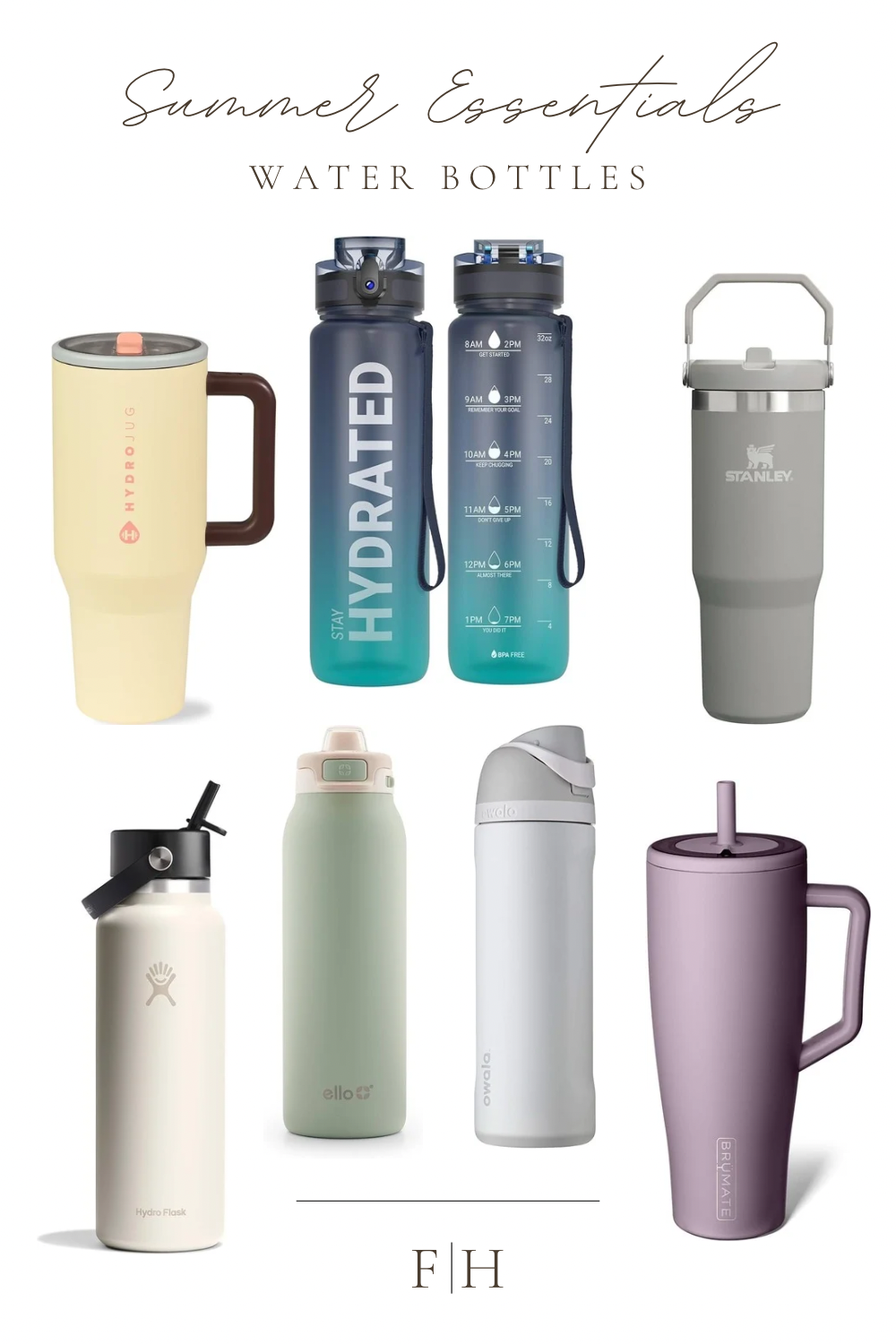 Flat lay of multiple insulated water bottles in neutral tones and trendy styles, perfect for moms, wellness routines, and on-the-go summer hydration.